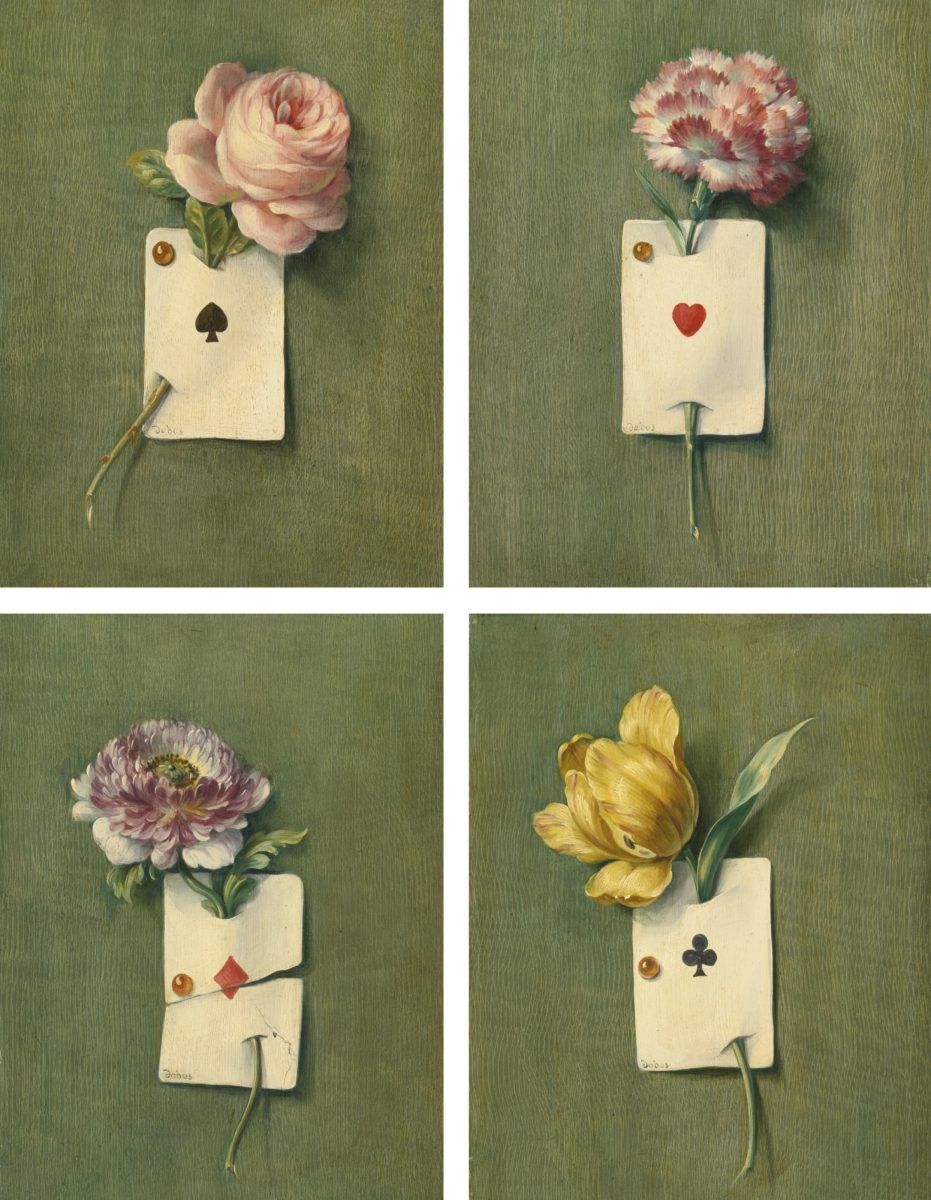 Trompe-l’œil à la fleur et à la carte à jouer (suite de quatre), École française, XXe siècle