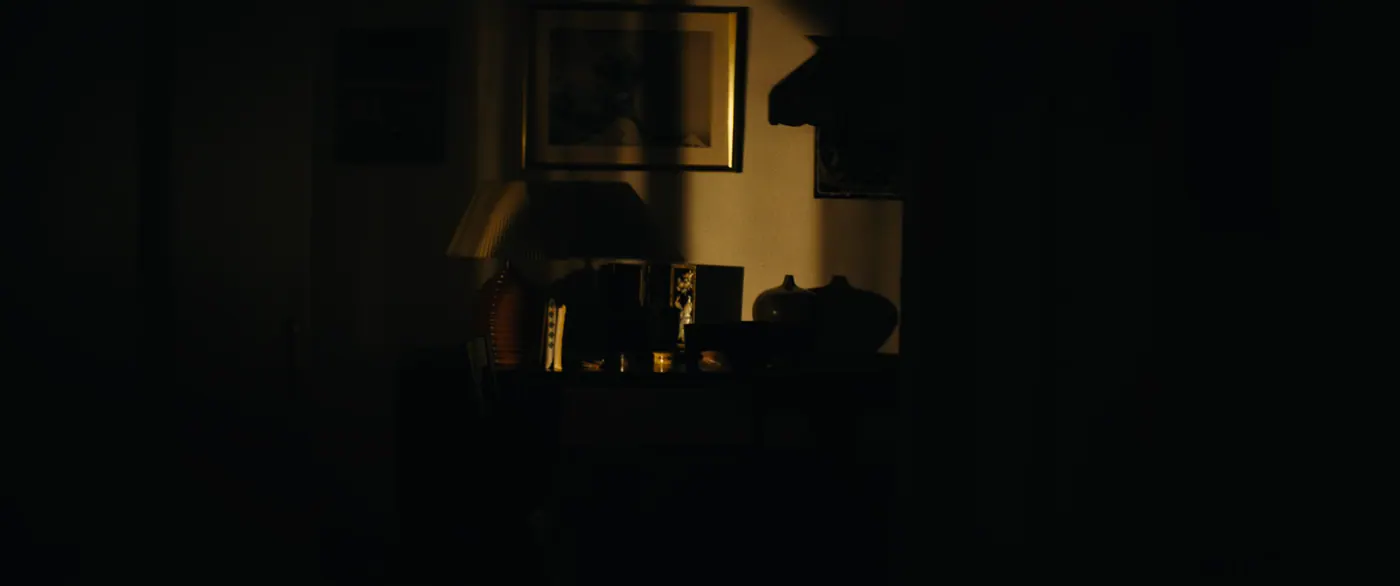 Moonlight (2016), Barry Jenkins — plan large, nuit, intérieur, sans personnage, clair-obscur, lumière chaude : lampe, tableau, vase, cadre photo, commode