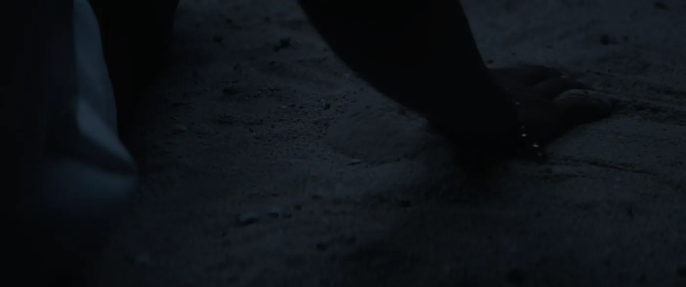 Moonlight (2016), Barry Jenkins — très gros plan, nuit, extérieur, un personnage, lumière froide : plage, sable
