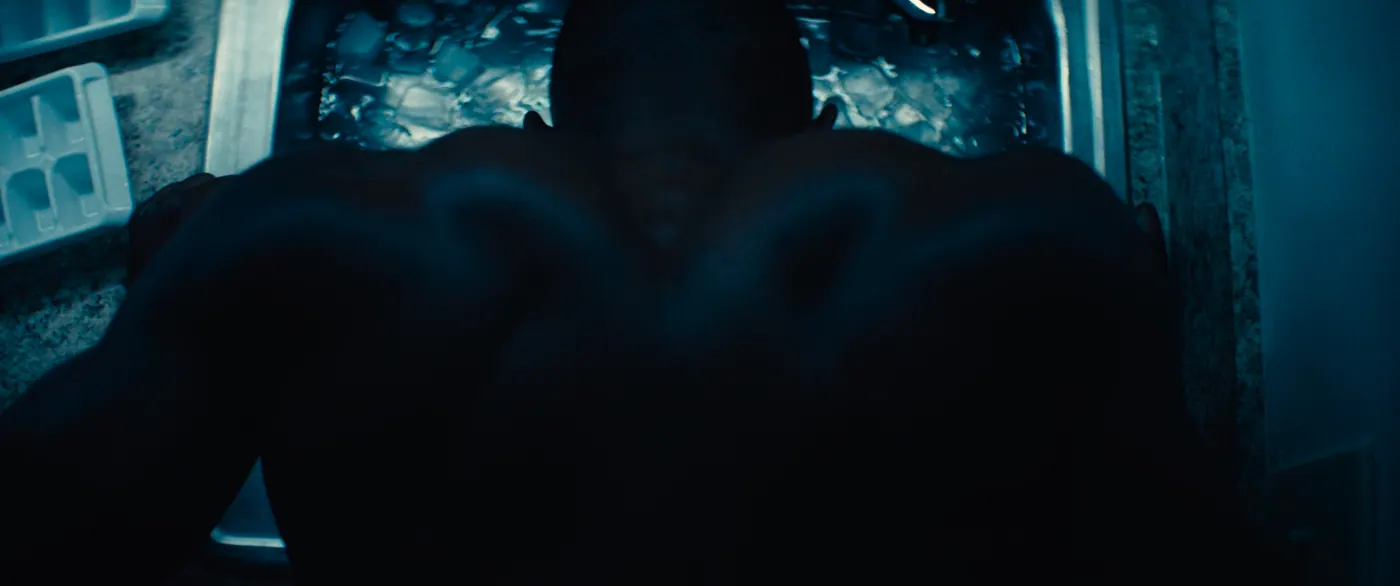 Moonlight (2016), Barry Jenkins — plan rapproché, intérieur, un personnage, lumière froide, clair-obscur : cuisine, évier, glaçon, bac à glaçons, torse nu