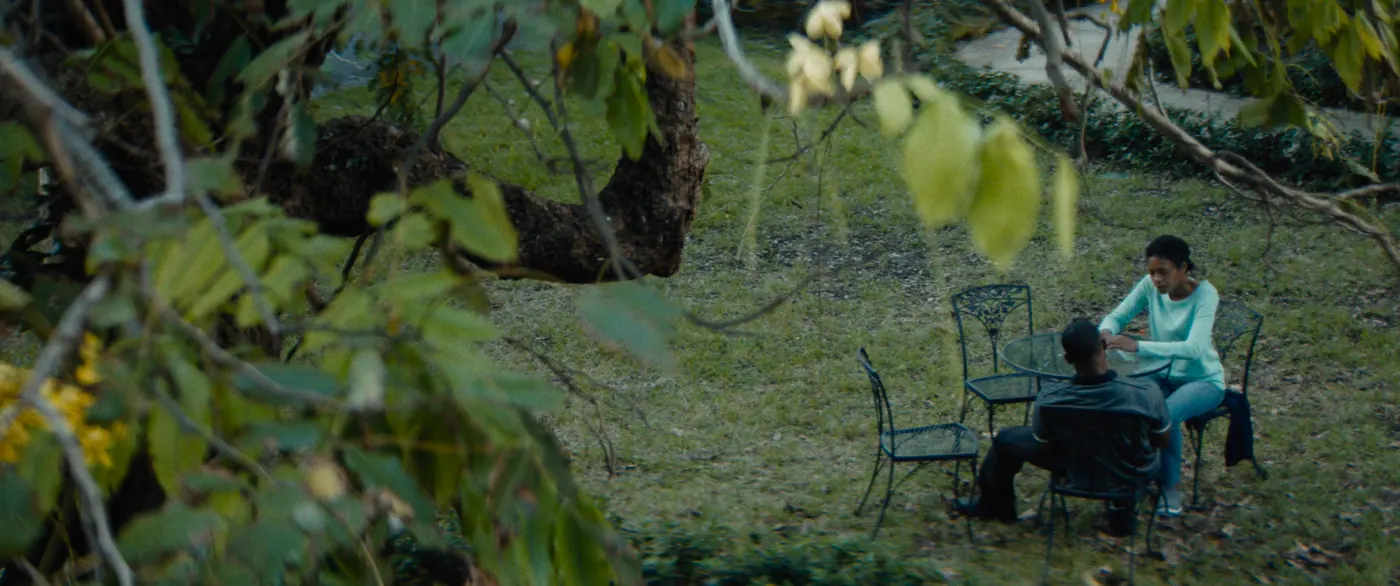 Moonlight (2016), Barry Jenkins — plan large, jour, extérieur, deux personnages : jardin, pull turquoise, table de jardin, chaise de jardin, chaise en fer forgé, arbre, fleur, jean