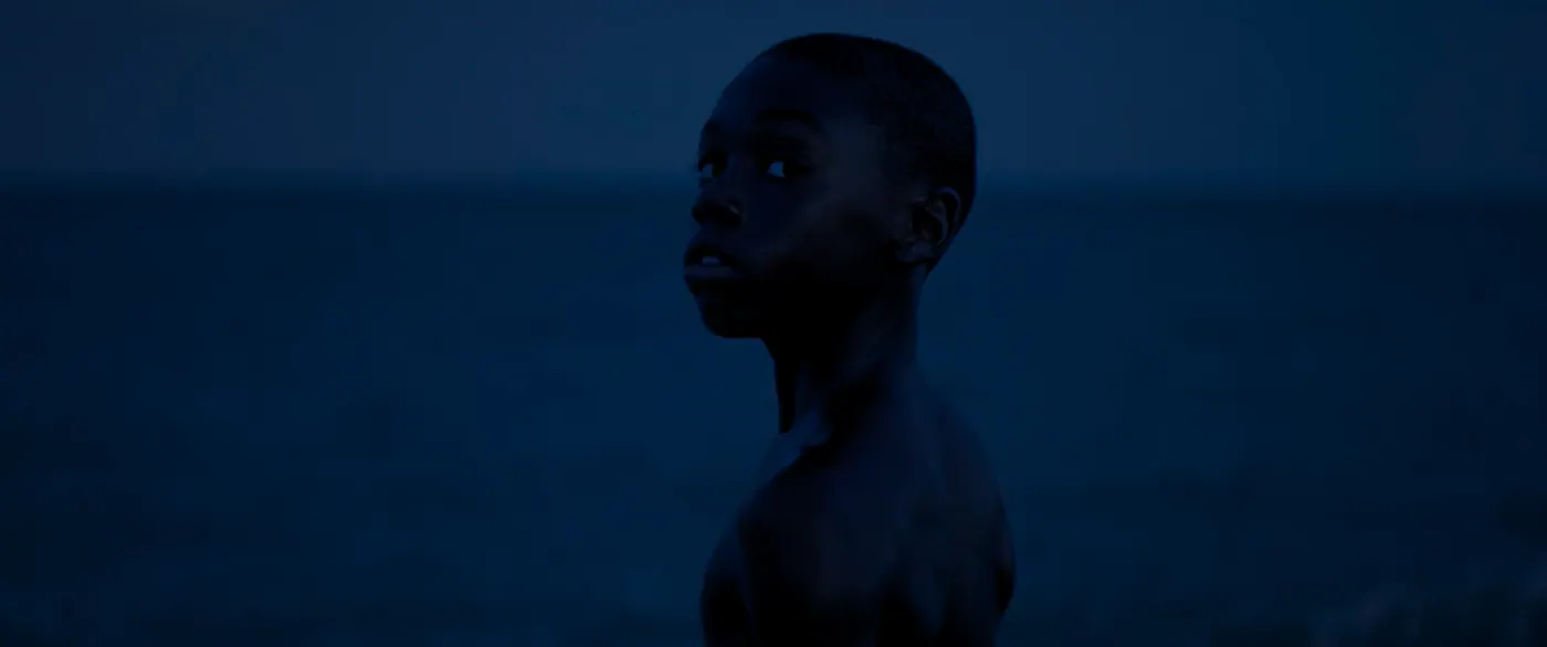 Moonlight (2016), Barry Jenkins — plan rapproché, nuit, extérieur, un personnage, lumière froide : mer, torse nu