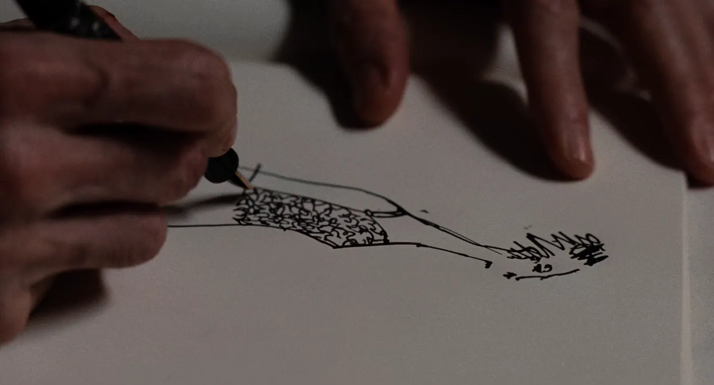 Phantom Thread (2017), Paul Thomas Anderson — très gros plan, intérieur, un personnage : crayon, croquis, papier, dessiner