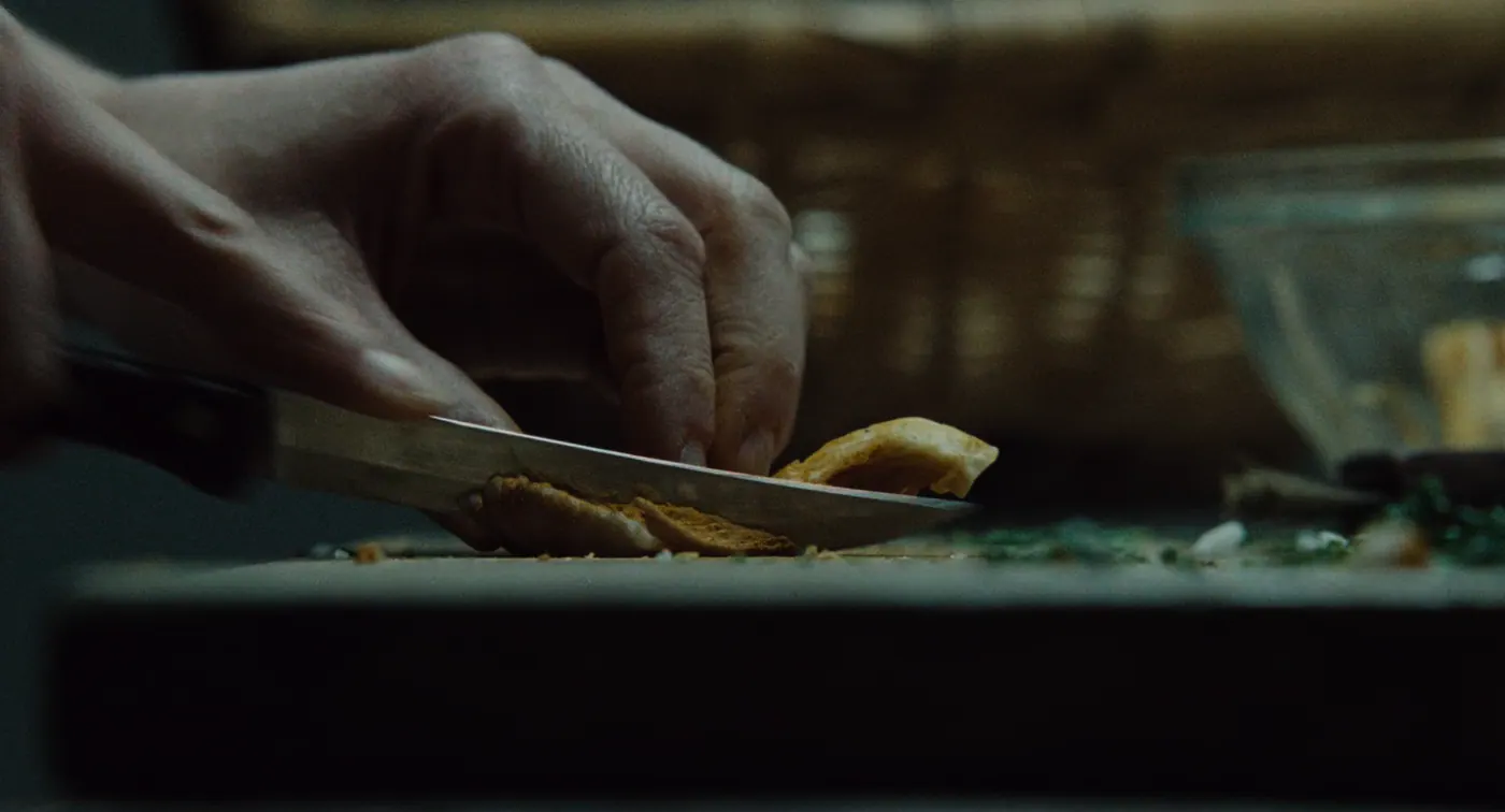 Phantom Thread (2017), Paul Thomas Anderson — très gros plan, intérieur, un personnage, clair-obscur : cuisine, couteau, champignon, planche à découper, herbe aromatique, bol en verre