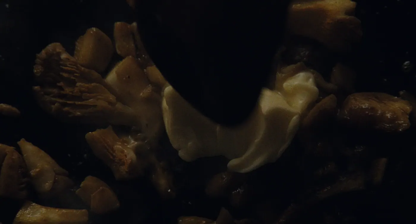 Phantom Thread (2017), Paul Thomas Anderson — insert, sans personnage, clair-obscur : champignon, beurre, poêle