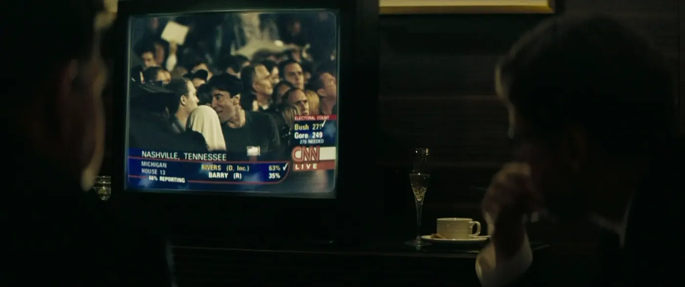 Vice (2018), Adam McKay — plan rapproché, nuit, intérieur, deux personnages, clair-obscur, silhouette : téléviseur, coupe de champagne, tasse, soucoupe, tableau