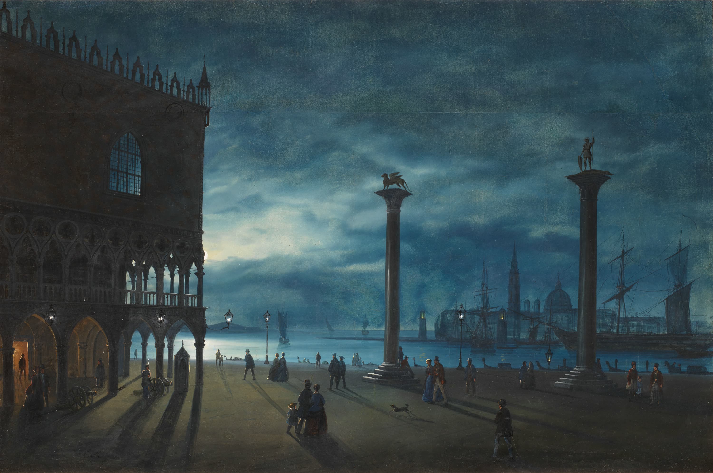 Venezia, veduta notturna con la Piazzetta San Marco e il Molo, con vista sull’Isola di San Giorgio, Ippolito Caffi